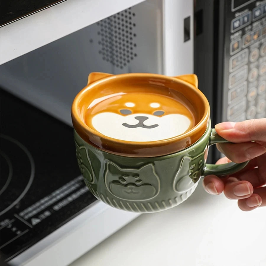 Japanese Cartoon Cat Coffee Mug with Cat Lid & Small Dish